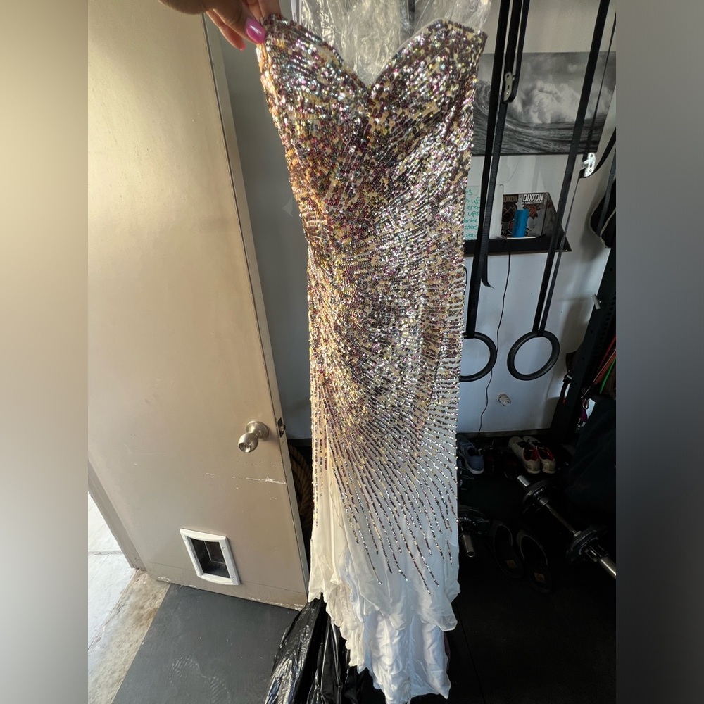 Bicici Mutli Colored Cream Sequin High Low Dress